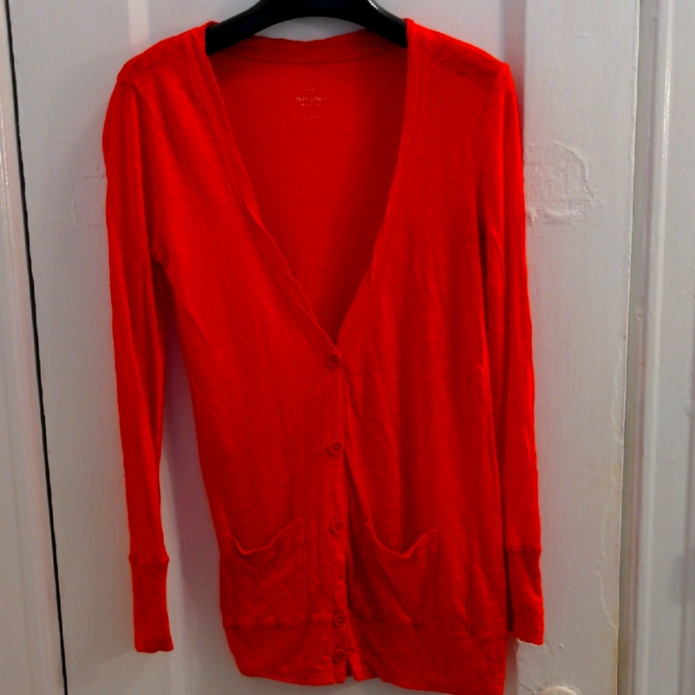 New J Crew 100 Thin Linen Women's Red Orange Cardigan Sweater, XXS, Runs Larger